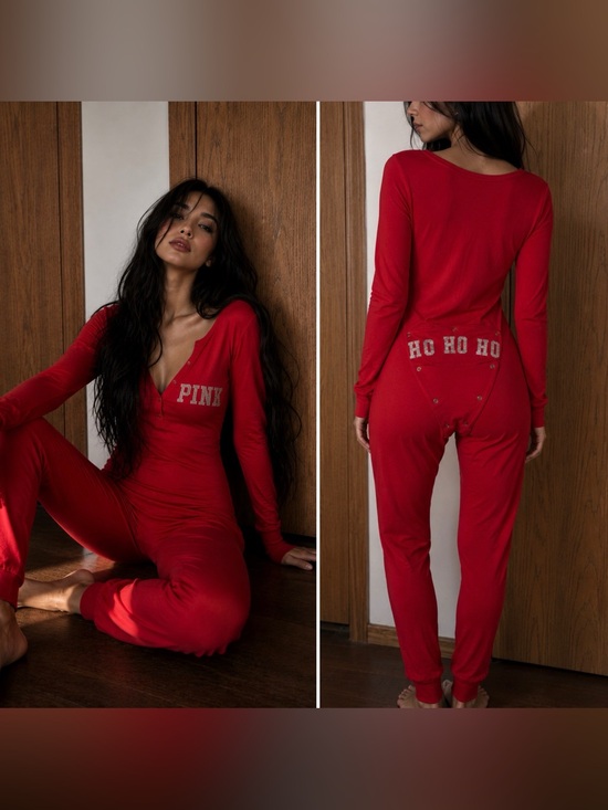 PINK Victoria's Secret Other - Rare 'Ho Ho Ho' Victoria's Secret PINK Women's Red One-Piece Pajama Jumpsuit